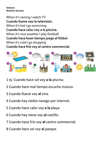 Weather phrases plus 'cuando' hwk sheet with answers.