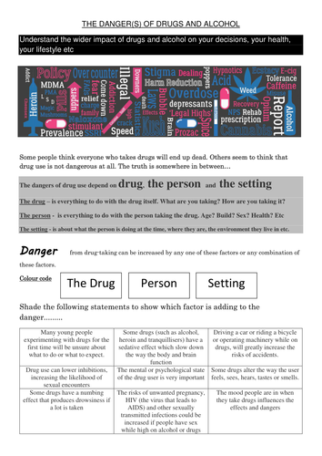 The Dangers of Drugs and Alcohol Cover Lesson Activity
