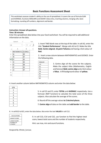 Ks3 Spreadsheet Worksheet Basic Formula And Function Teaching Resources