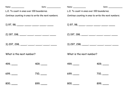 Counting Over 100 boundaries in 1s Worksheet