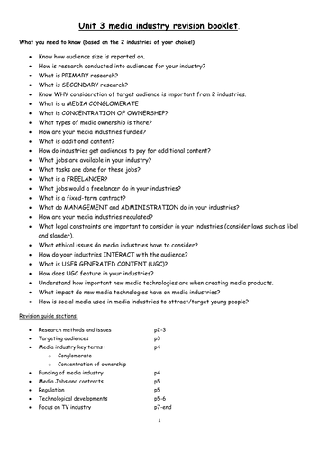 Media Industry revision booklet guide
