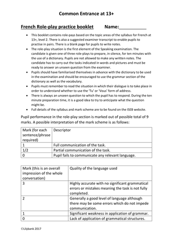 Common Entrance 13+ French Role-play booklet