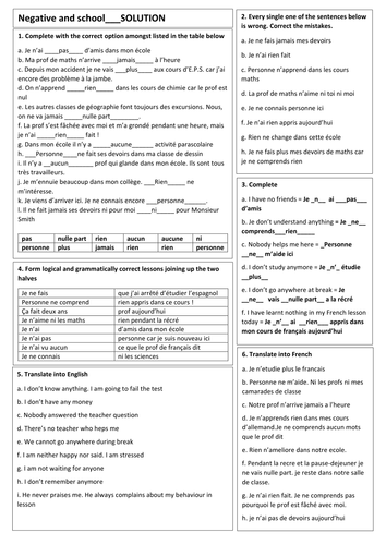 GCSE French grammar revision quickie WITH SOLUTION on NEGATIVES ...