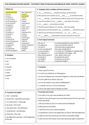 GCSE Grammar revision quickie with SOLUTION on PERFECT TENSE in the context of SCHOOL LIFE