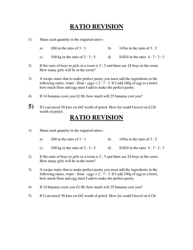 Ratio Revision Homework