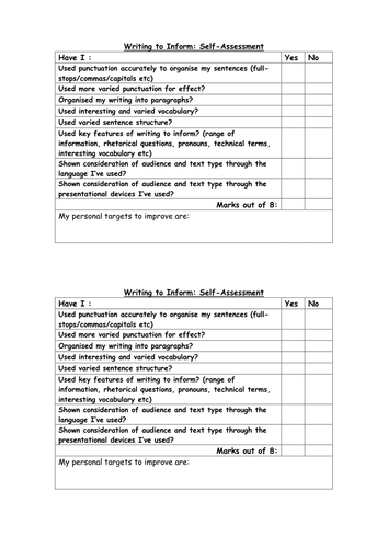 self evaluation for writing to inform