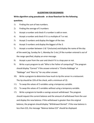 WORKSHEET TO DESIGN ALGORITHM  USING PSEUDOCODE OR TO DRAW A FLOWCHART