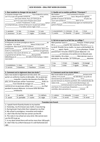 GCSE French - School : oral prep through reading comp and translation