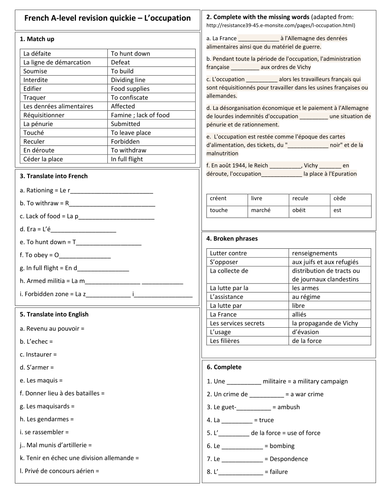 AS/ A Level French - FREE Revision quickies on Resistance, Problems in big cities and Crime