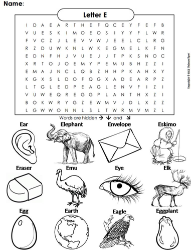 The Letter E Word Search Teaching Resources