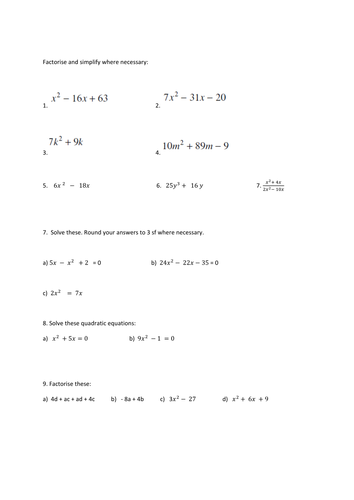 Years 10 and 11: Solving Quadratic Equations & Algebraic expressions Worksheet