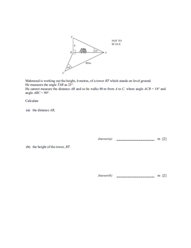 Year 10 & 11 Trigonometry and Bearings Practice Questions