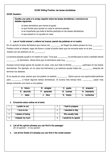 Spanish GCSE household chores writing,  Grade 8/9 model answer & exercises  (Las tareas domésticas)