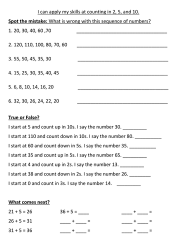 Various activities involving counting in 2s, 5s and 10s