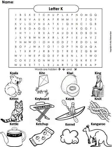 the letter k word search teaching resources