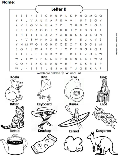 The Letter K Word Search