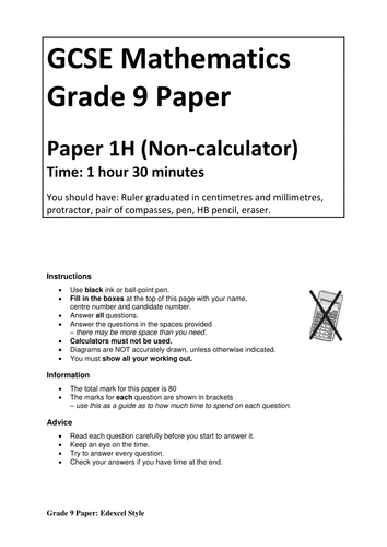 Edexcel-Style GRADE 9 Maths 1MA1 Exam Non-Calculator Paper | Teaching ...