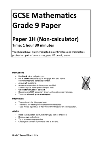 Edexcel-Style GRADE 9 Maths 1MA1 Exam Non-Calculator Paper
