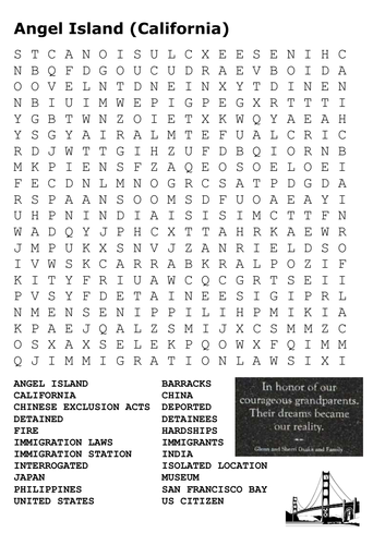Angel Island Immigration Station Word Search