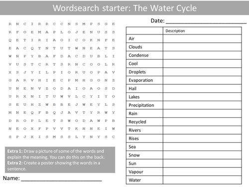 Science The Water Cycle Starter Activities (Wordsearch, Anagrams and Crossword) Homework Cover