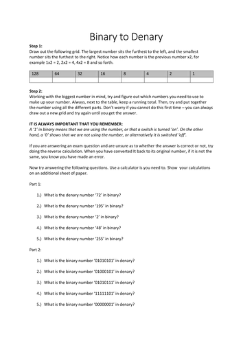 Binary and Denary/Decimal Simple Homework Task
