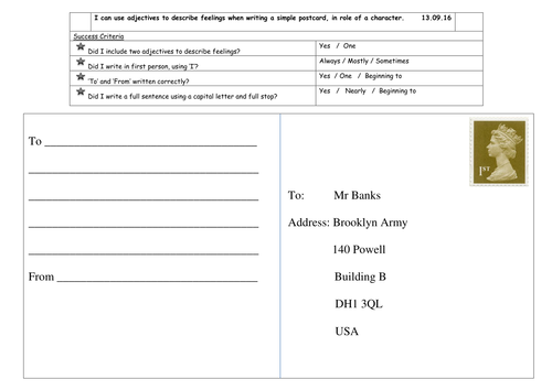 Writing a postcard template - differentiated with LO & SC