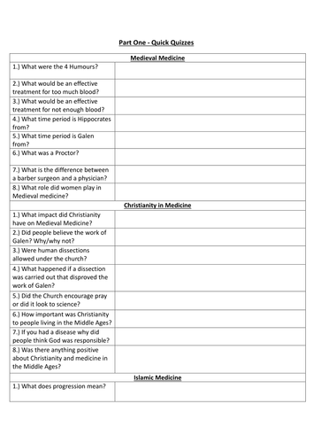 AQA (9-1) GCSE History - Health and the People - Part 1 Quick Quizzes