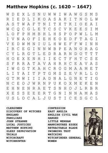 Matthew Hopkins Witchfinder General Word Search