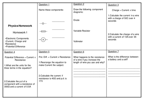 AQA Physics Electricity Topic Homework Sheets and Answers