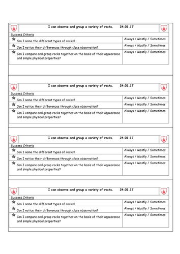 Learning objective and success criteria for Grouping and naming rocks