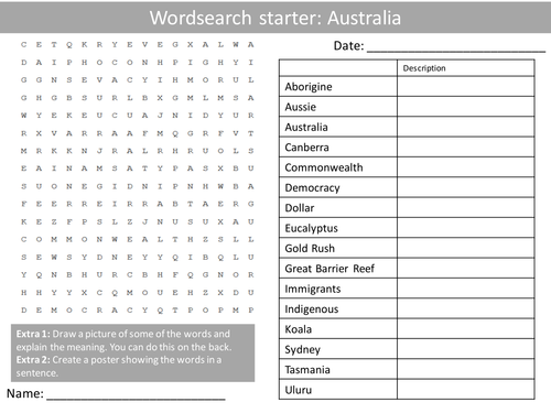 Geography Australia Starter Activities (Wordsearch, Anagrams and Crossword) Homework or Cover