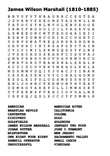 James Wilson Marshall California Gold Rush Word Search