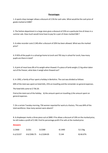 Year 8 & 9: Percentages Worksheet with Answers!