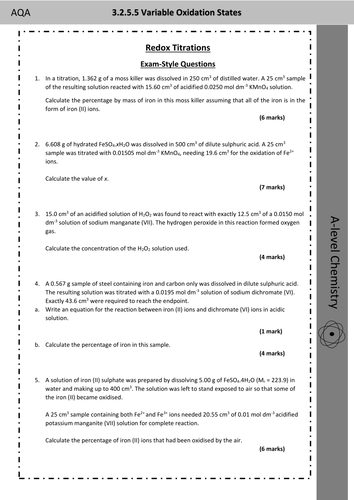 AQA A-level Chemistry Redox Titrations Exam-Style Questions