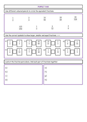 Comparing fractions differentiated worksheets KS2 - more/less than symbols adding and equivalence