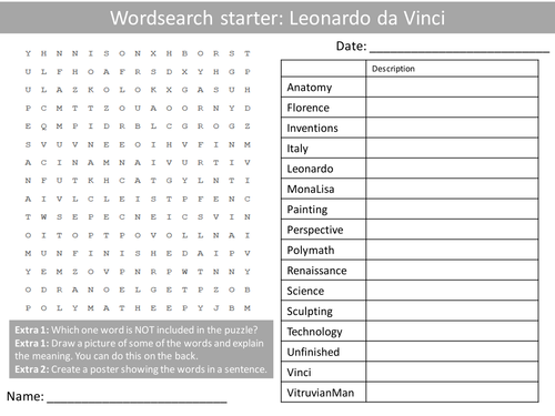 Art Artist Leonardo da Vinci Design Starter Activities Wordsearch, Anagrams Crossword Homework Cover