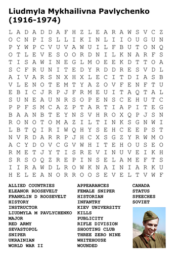 Liudmyla Mykhailivna Pavlychenko World War Two Sniper Word Search