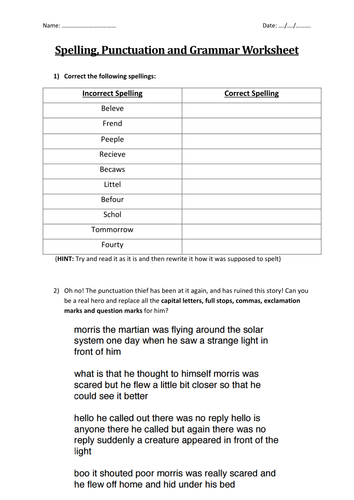 Spelling Punctuation And Grammar Worksheet Spag Teaching Resources 3383