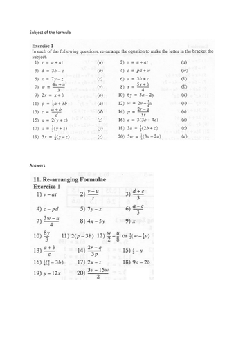 Year 7 & 8: Algebra. Changing the Subject of the Formula with Answers