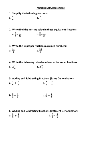 Fractions Self Assessment | Teaching Resources