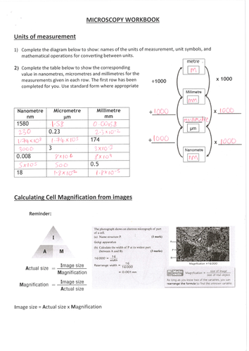 mathematical 85 of table magnification  converting Microscopy units, workbook