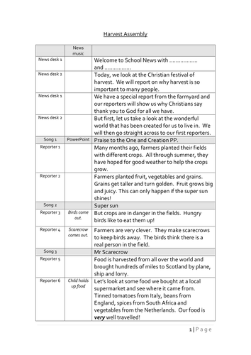 Harvest Assembly Script - Infant/Middle School