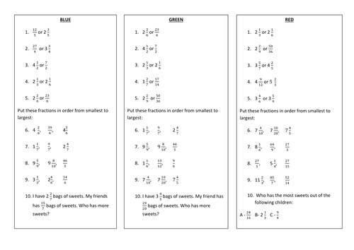 Ordering Mixed Numbers And Improper Fractions Worksheets