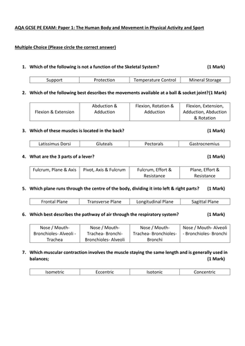 AQA GCSE PE 2016 (1-9) Year 10 Mock Exam Pack