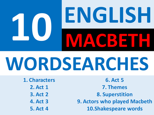 10 Wordsearches Macbeth Shakespeare English Keyword Starters Wordsearch Homework or Cover Lesson
