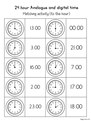 24 hour analogue digital clock time matching activities by