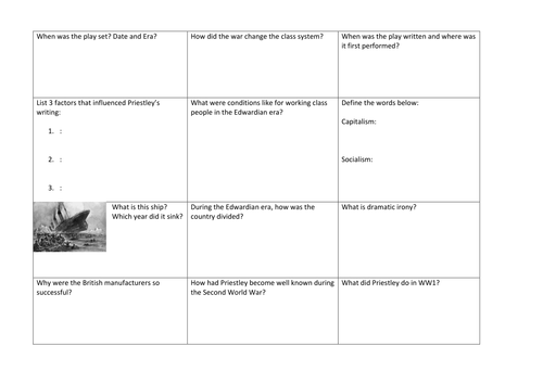 An Inspector Calls Historical Context Worksheet Aqa English Literature