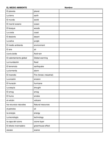 Vocabulary List: El Medio Ambiente