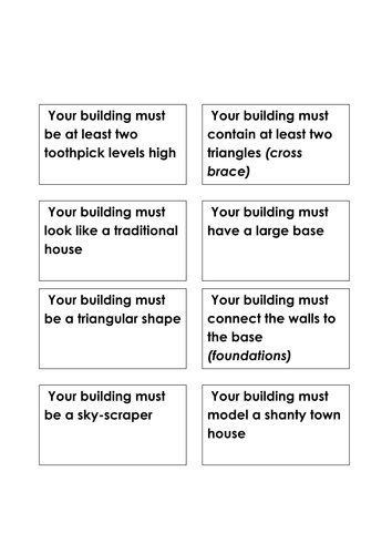 Earthquake resistant buildings: Challenge cards