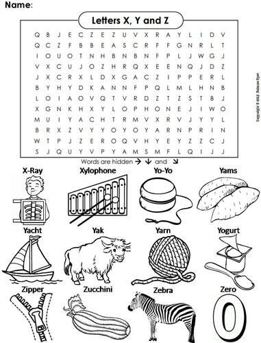 The Letters X Y and Z Word Search